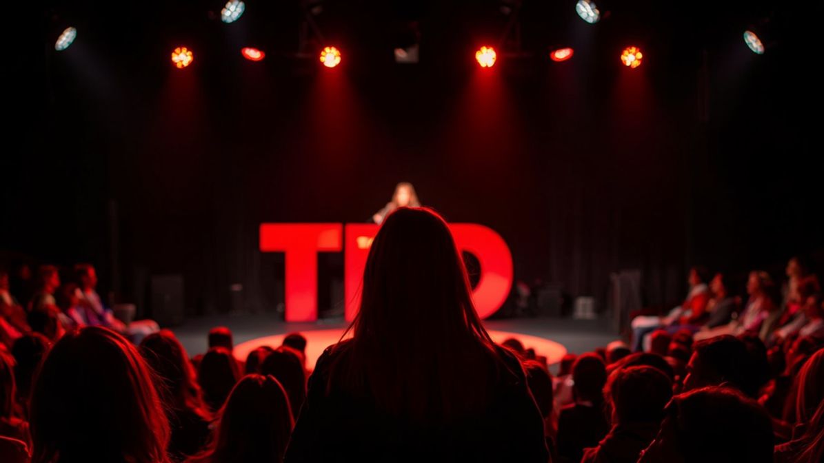 Publikum vor einer rot beleuchteten Bühne mit den großen TED-Buchstaben, vorne spricht eine Person
