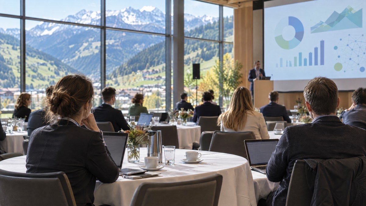 Symbolbild: Kongress in einem hellen Saal mit großen Fenstern, draußen herbstliche Berghänge, Menschen an runden Tischen mit Laptops